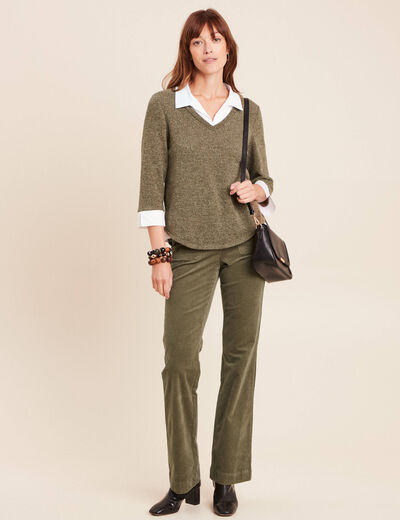 T-shirt col chemise manches 3/4 vert kaki femme