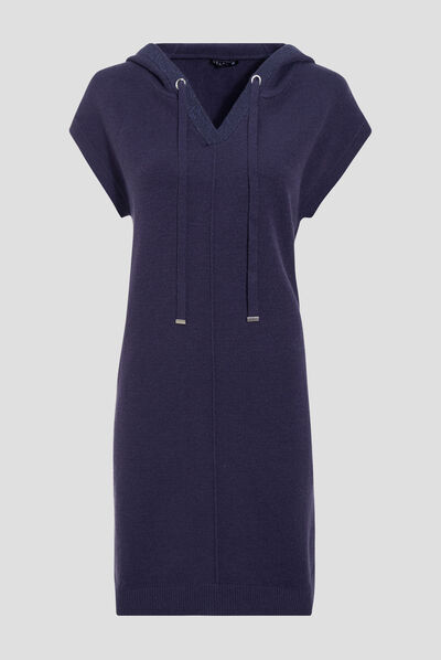 Robe pull droite avec capuche bleu foncé femme