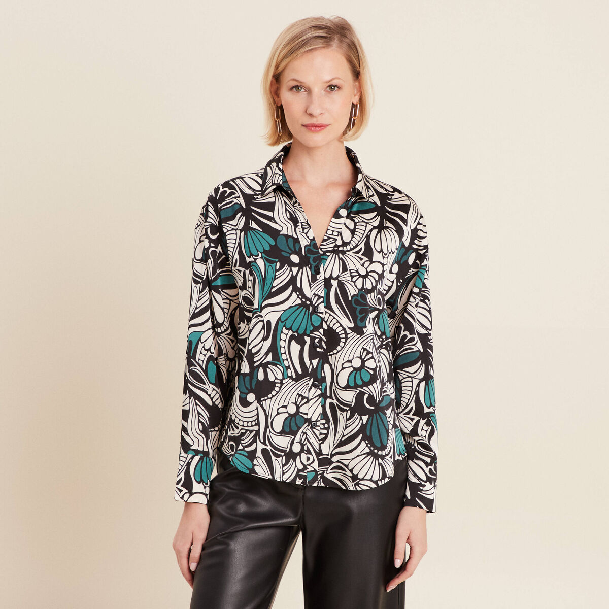 Chemise manches longues satin vert fonc&eacute; femme