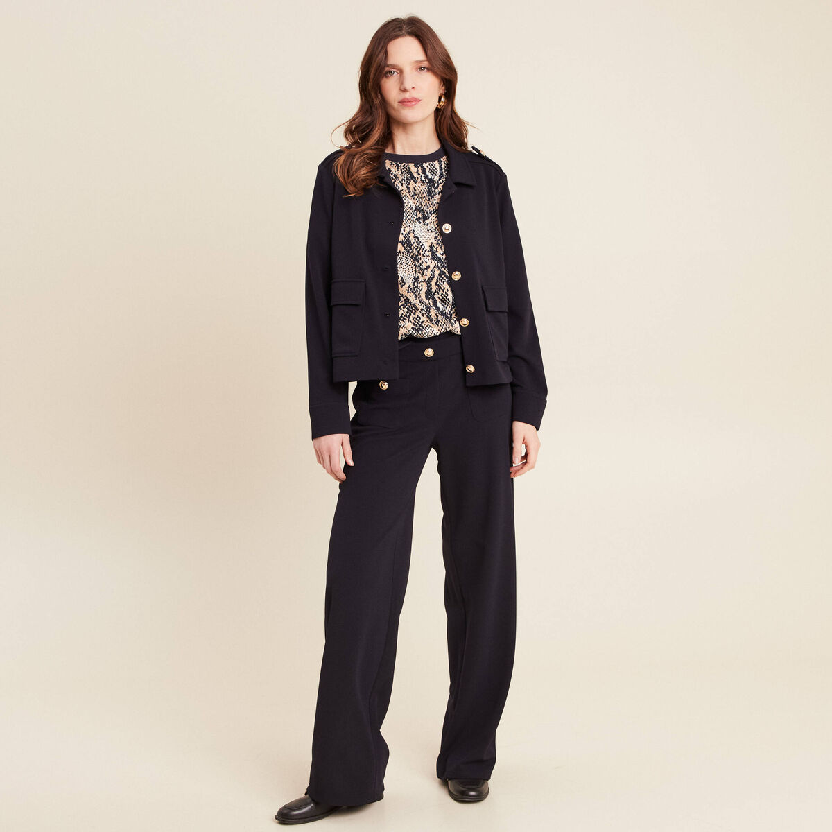 Pantalon coupe droite taille haute bleu fonc&eacute; femme