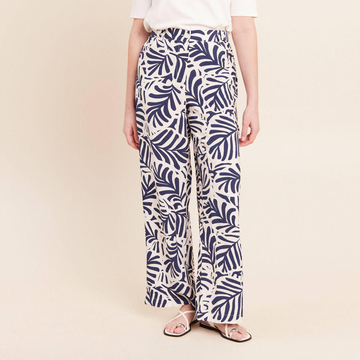 Pantalon fluide taille haute blanc femme