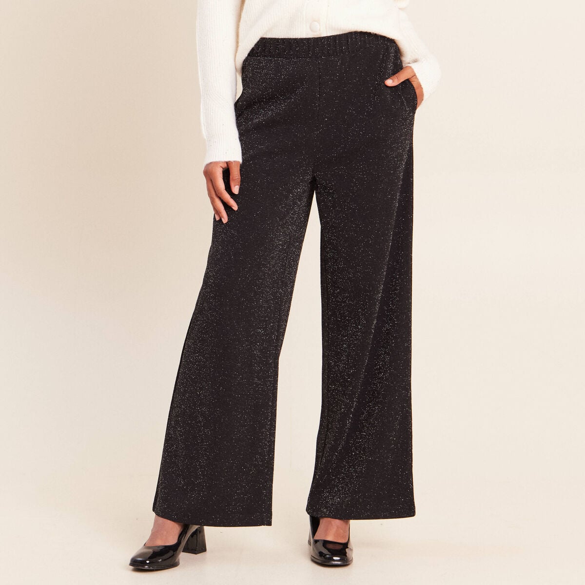 Pantalon large taille haute noir femme