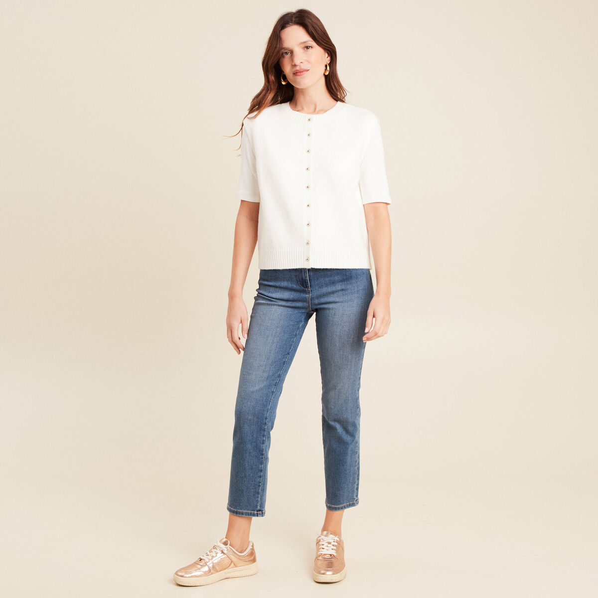 gilet droit court sans manches col rond ecru femme