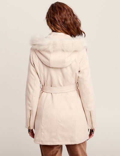 Manteau cintré suédine capuche beige femme