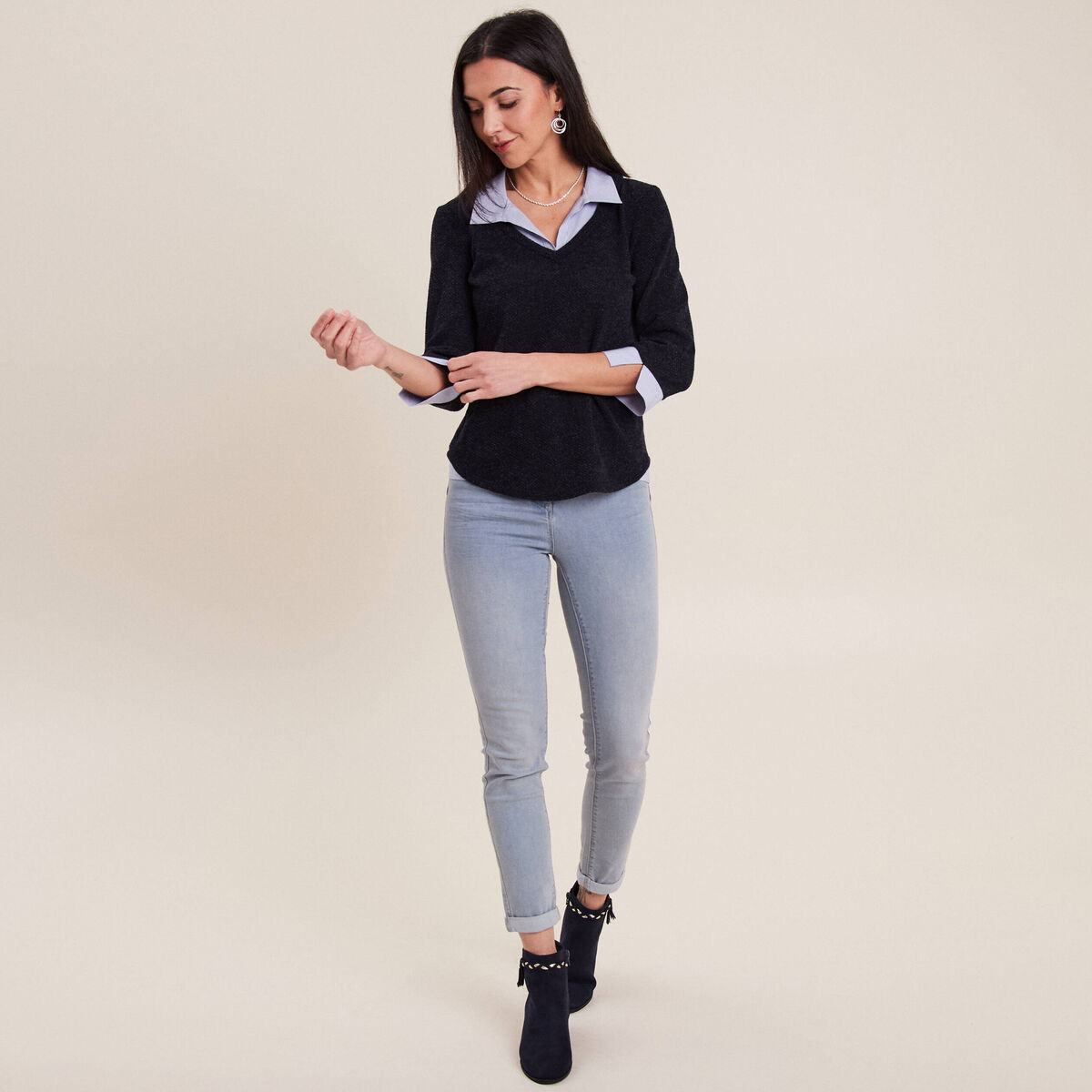 T-shirt manches 3/4 bleu marine femme