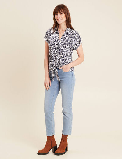 Blouse manches courtes nouée bleu femme