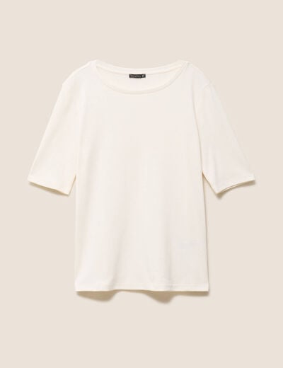 T-shirt ajust&eacute; col rond manches coudes ecru femme
