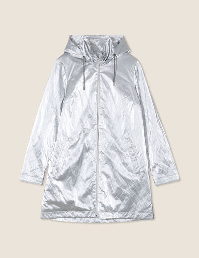 Parka métallisée à capuche gris argent femme