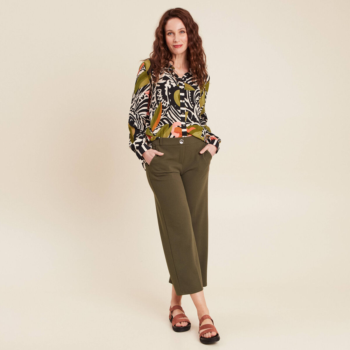 Pantalon large pinces vert kaki femme