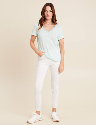 T-shirt manches courtes col en V bleu turquoise femme