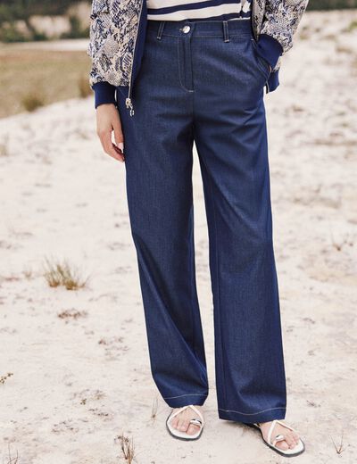 Pantalon large taille haute denim stone femme