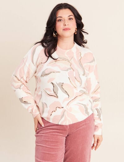 Pull col rond &agrave; sequins rose femme