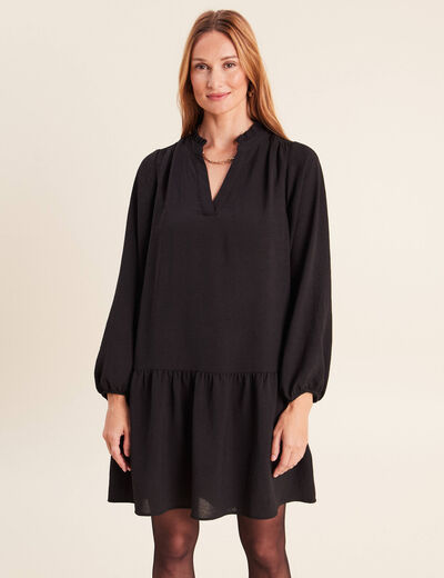 Robe courte &eacute;vas&eacute;e col v manches longues noir femme