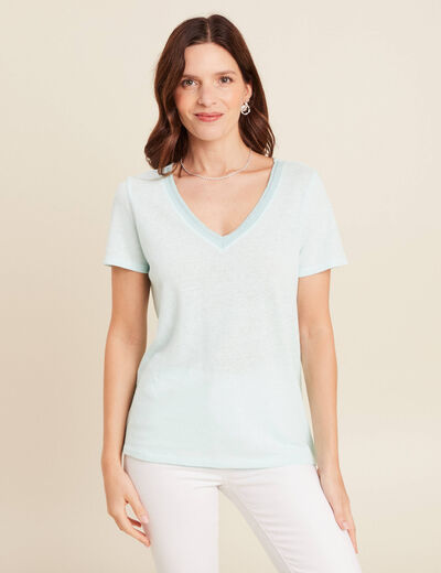 T-shirt manches courtes col en V bleu turquoise femme