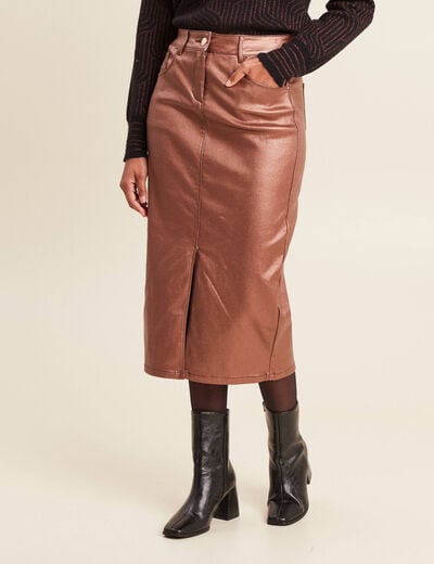 Jupe midi droite enduite couleur cuivre femme
