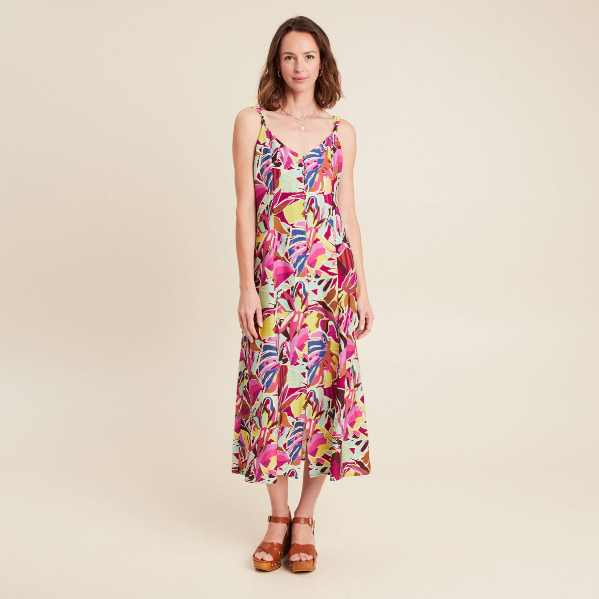 robe évasée crêpe col v sans manches mauve femme