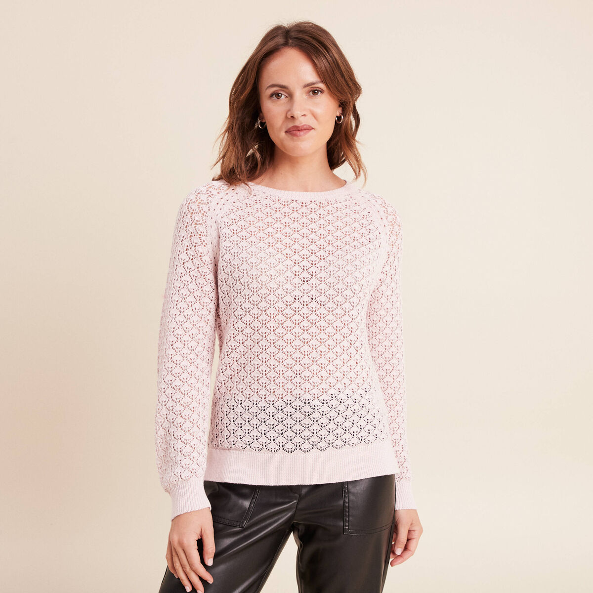 Pull col rond manches longues rose clair femme