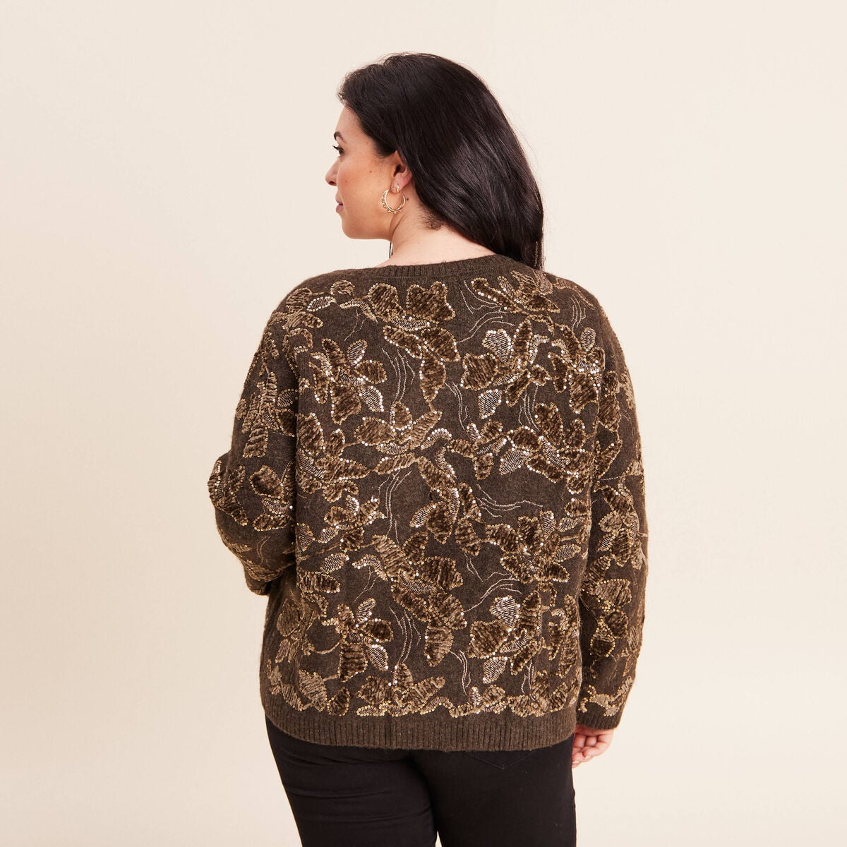 Gilet droit brod&eacute; &agrave; sequins vert kaki femme