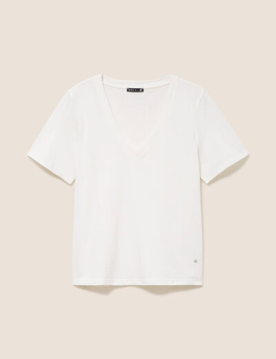 T-shirt col v manches courtes ecru femme