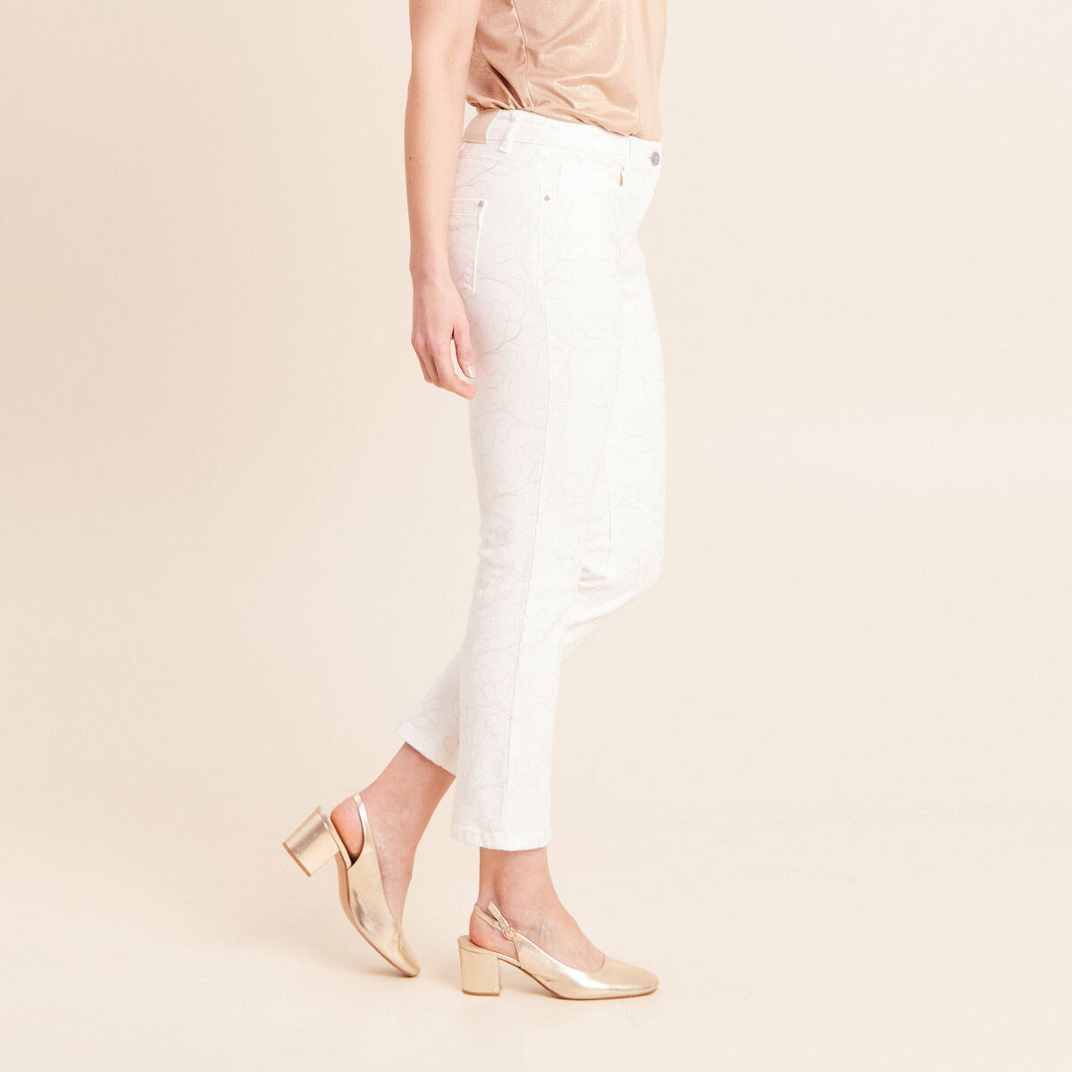 Jean coupe droite 7/8&egrave;me taille bascul&eacute;e blanc femme