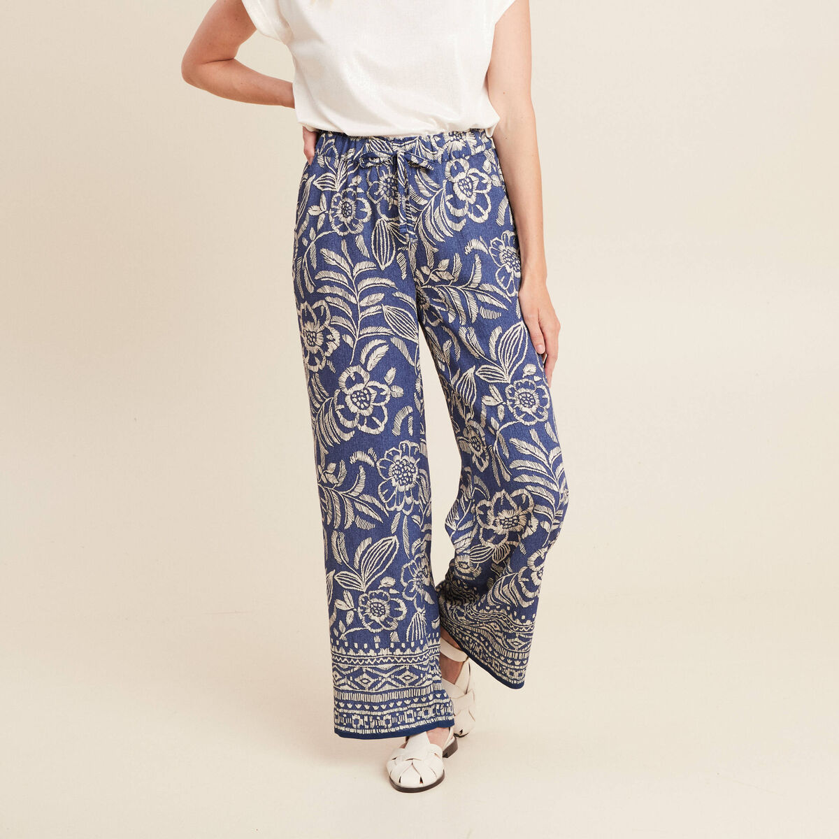 Pantalon large taille haute bleu femme