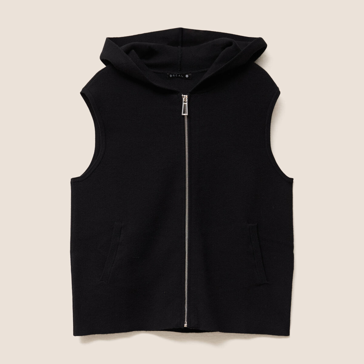 Gilet droit mi-long &agrave; capuche noir femme