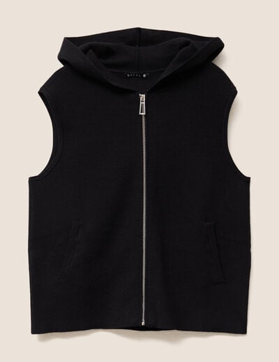 Gilet droit mi-long &agrave; capuche noir femme