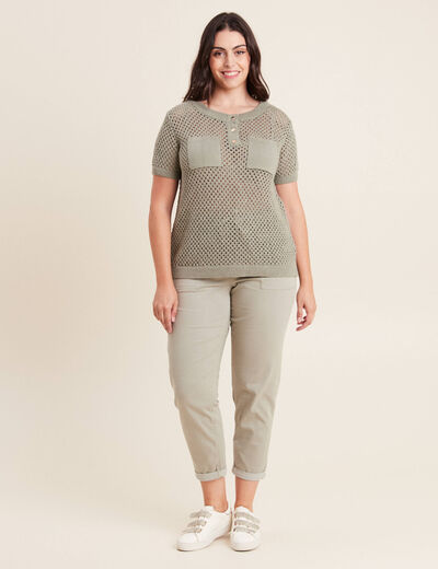 Pull manches courtes ajouré vert clair femme