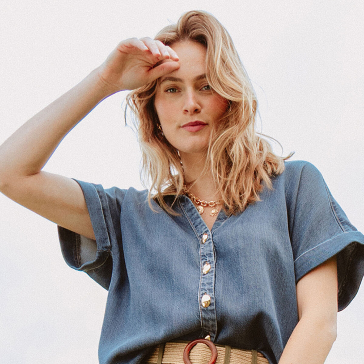 Chemise col chemise manches courtes denim double stone femme
