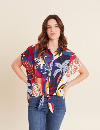 Chemise manches courtes nou&eacute;e bleu femme