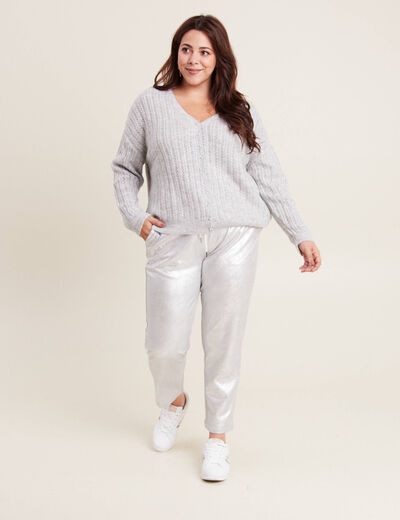 Pantalon jogging métallisé gris argent femme