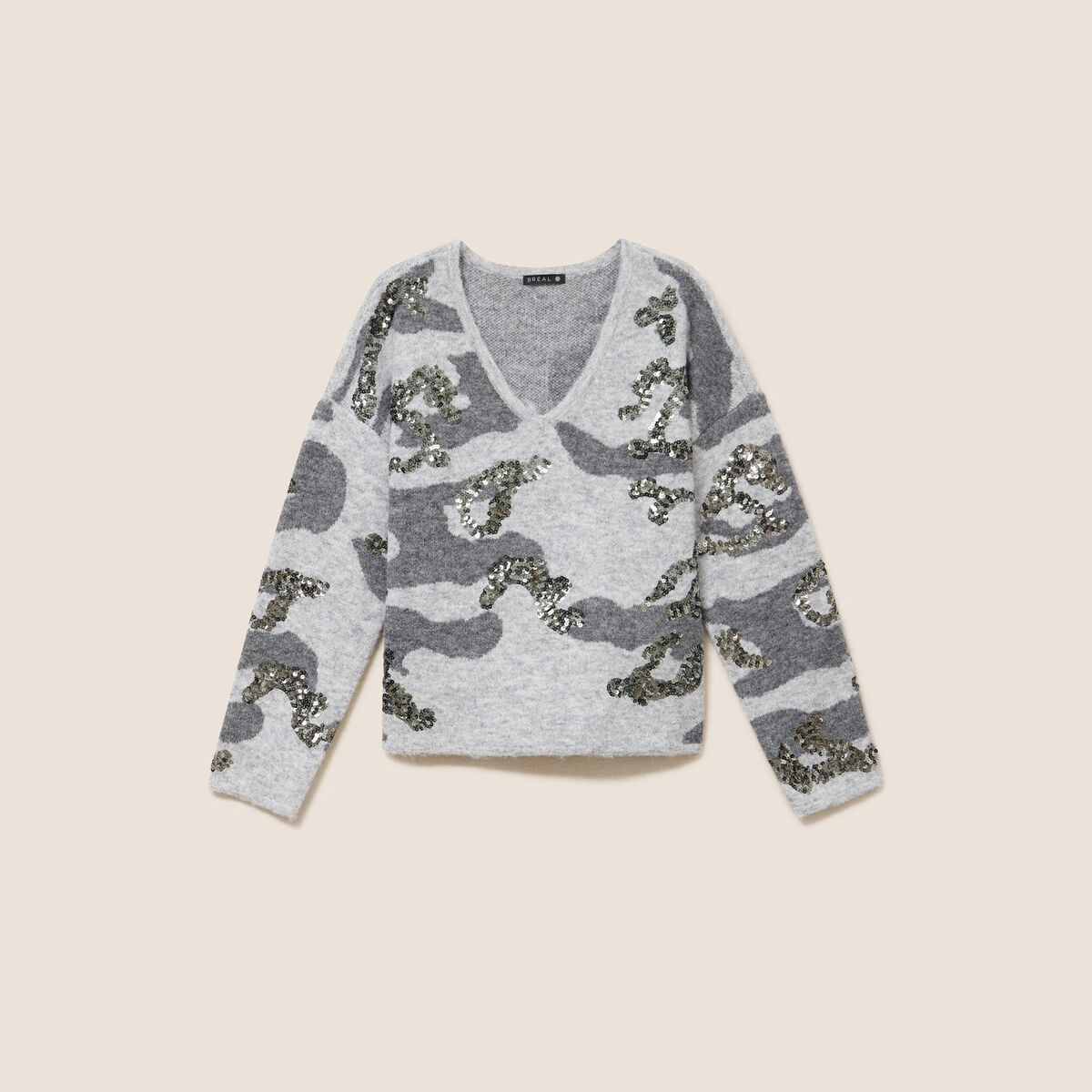 Pull col v &agrave; sequins gris femme