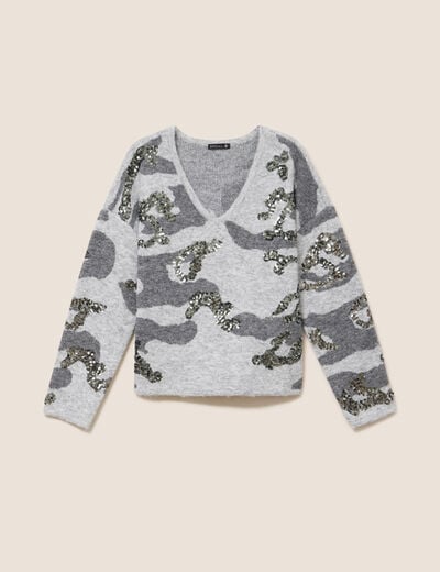 Pull col v &agrave; sequins gris femme