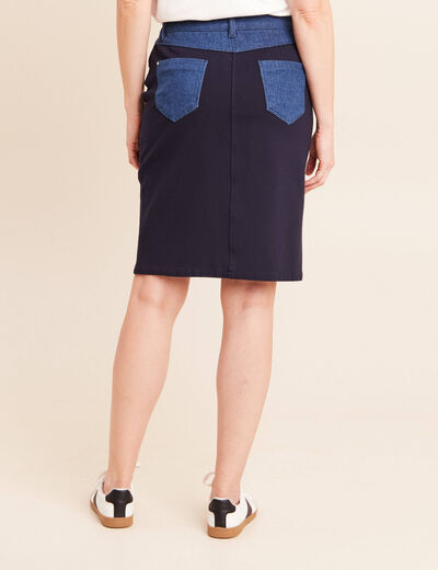 Jupe droite bi-mati&egrave;re bleu fonc&eacute; femme