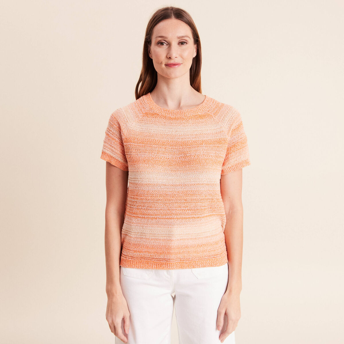 Pull col v manches courtes orange fluo femme