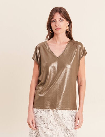 T-shirt col V manches courtes vert kaki femme