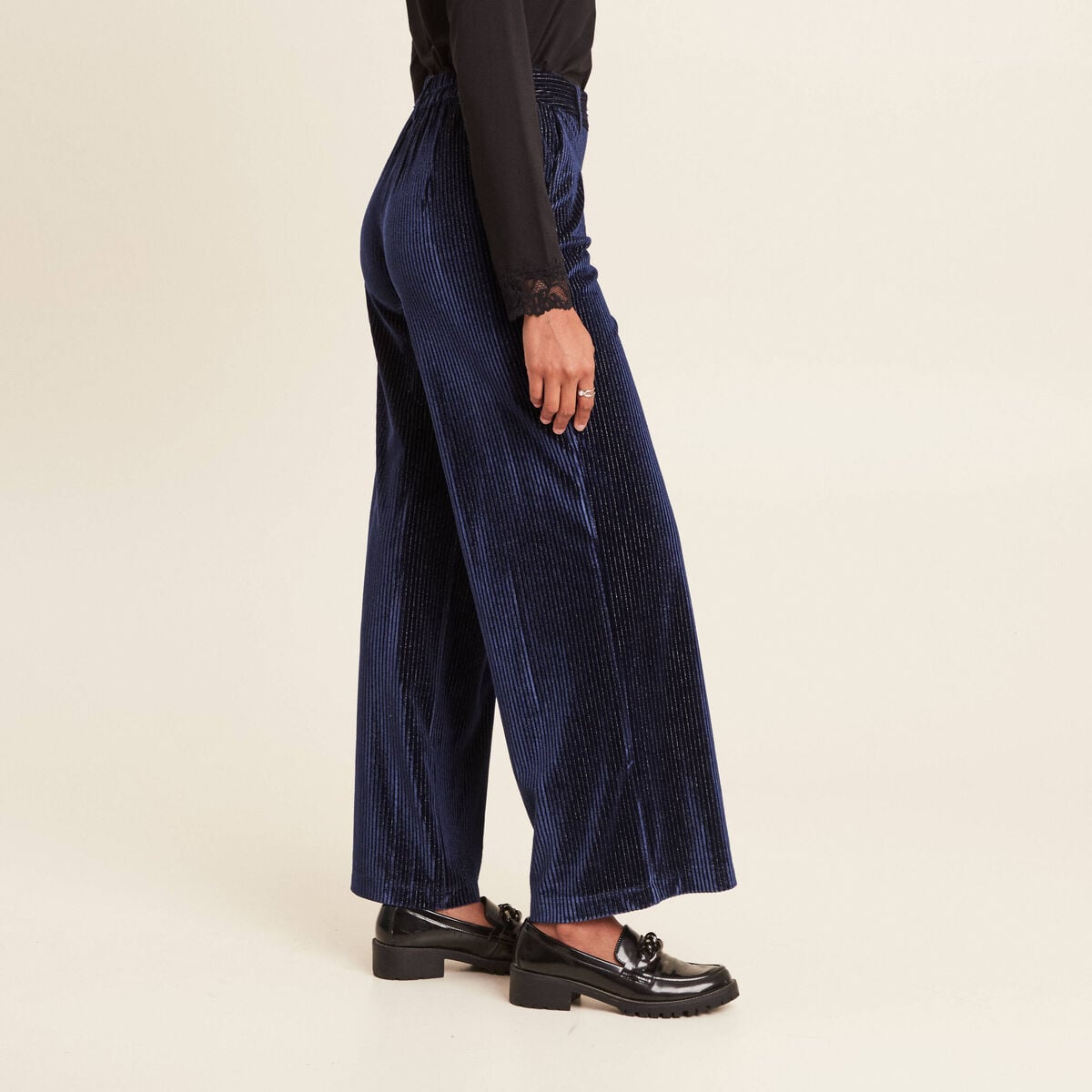 Pantalon large velours bleu fonc&eacute; femme