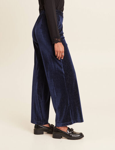 Pantalon large velours bleu fonc&eacute; femme