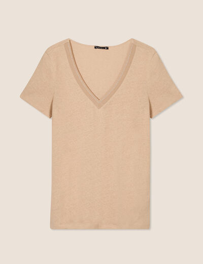 T-shirt manches courtes col en V sable femme