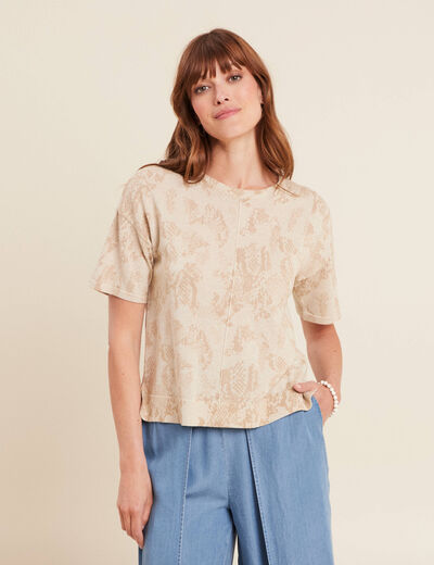 Pull col rond manches courtes beige femme