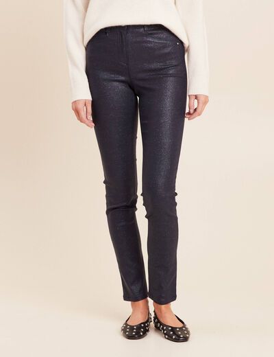 Pantalon iris&eacute; en similicuir bleu fonc&eacute; femme
