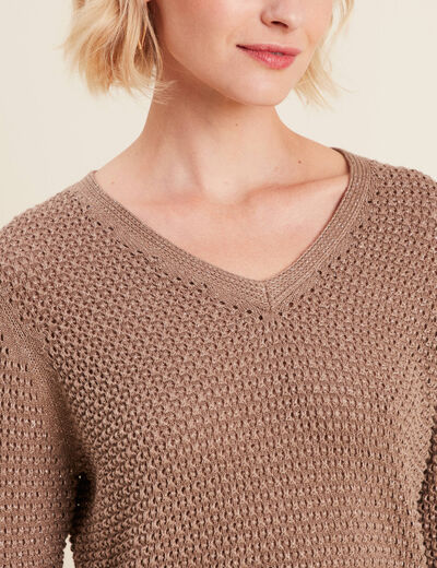 Pull manches longues col en V taupe femme