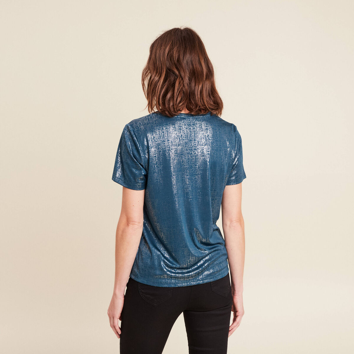 t-shirt droit court satiné col rond bleu canard femme