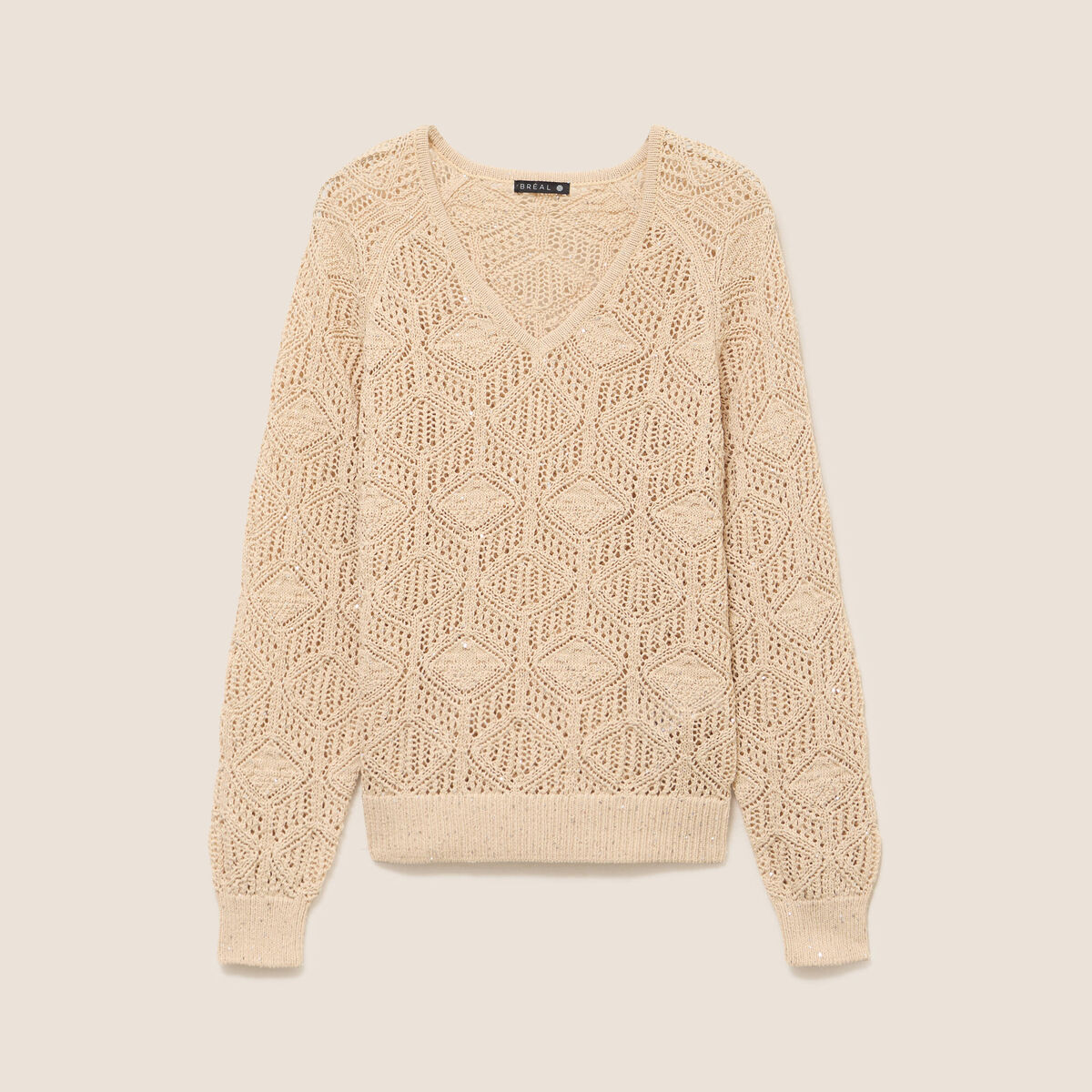 Pull col v manches longues dentelle sable femme