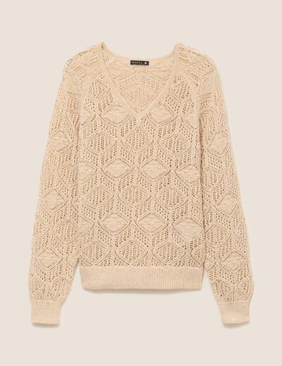 Pull col v manches longues dentelle sable femme