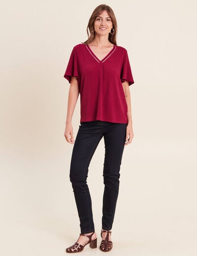 T-shirt bi-mati&egrave;re manches courtes rouge fonc&eacute; femme