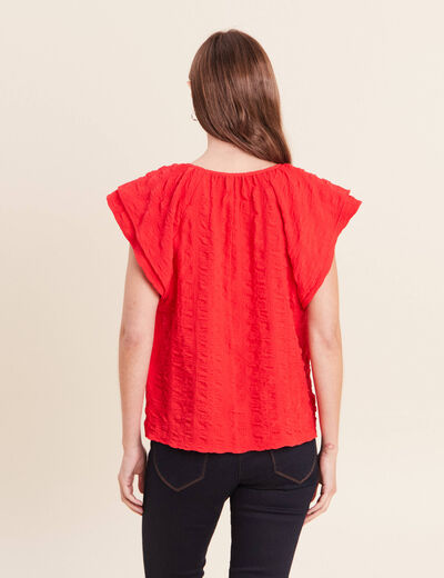 Blouse col v manches courtes fluide rouge femme