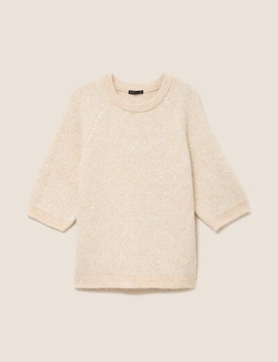 Pull col rond &agrave; sequins beige femme