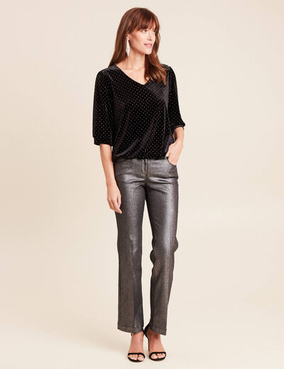T-shirt velours col v manches 3/4 strass noir femme