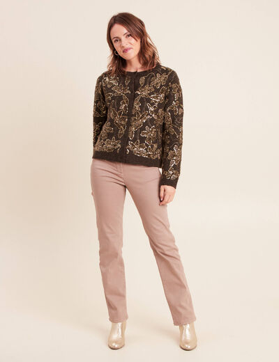 Gilet droit brod&eacute; &agrave; sequins vert kaki femme